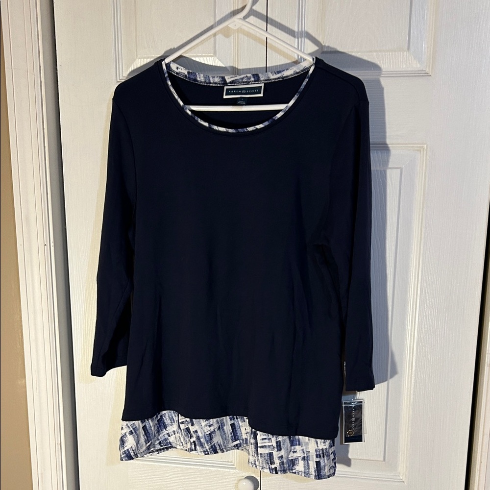 Karen Scott  Navy Top with Patterned Accents